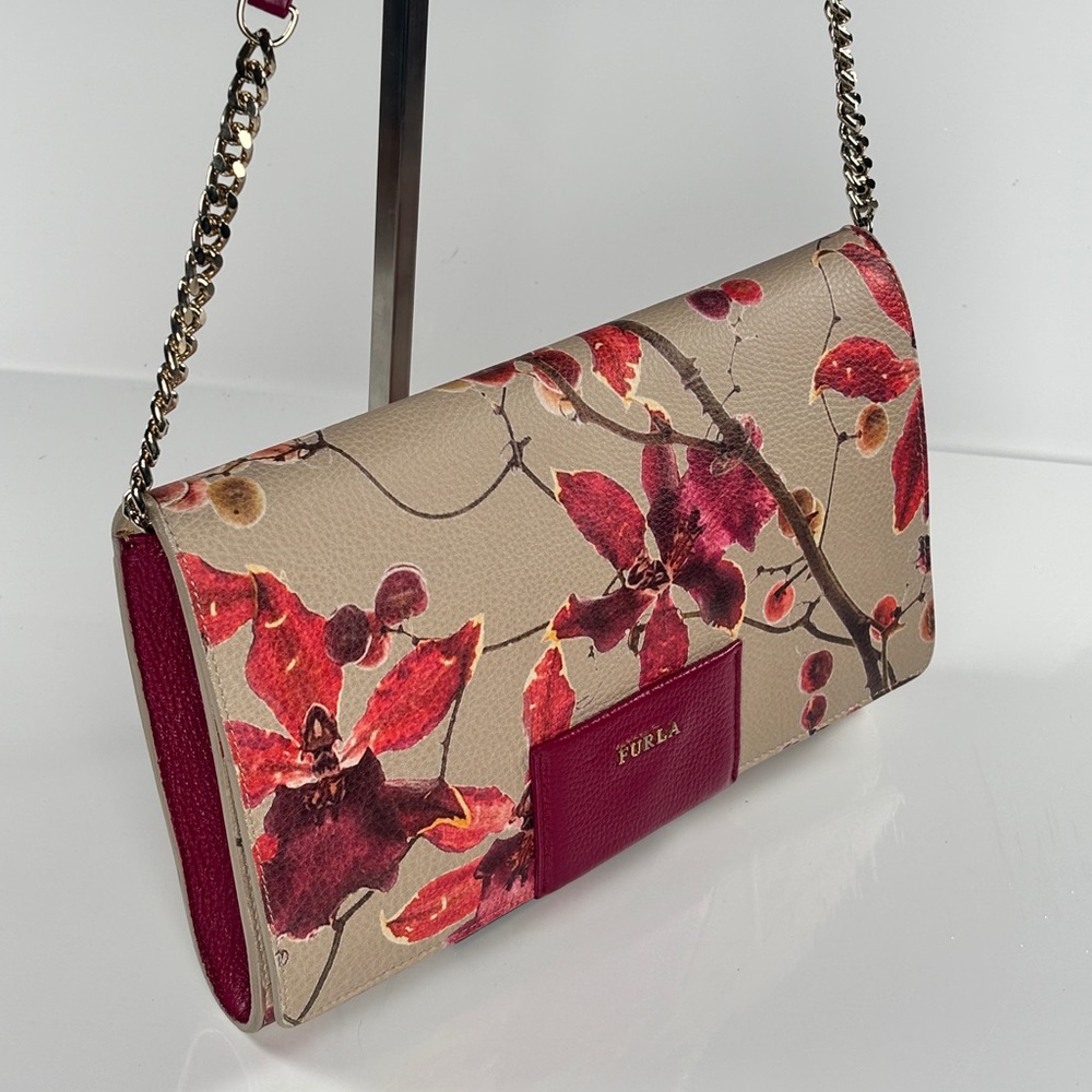 Furla Furla and Cream Floral Crossbody Bag. Chain and leather strap.